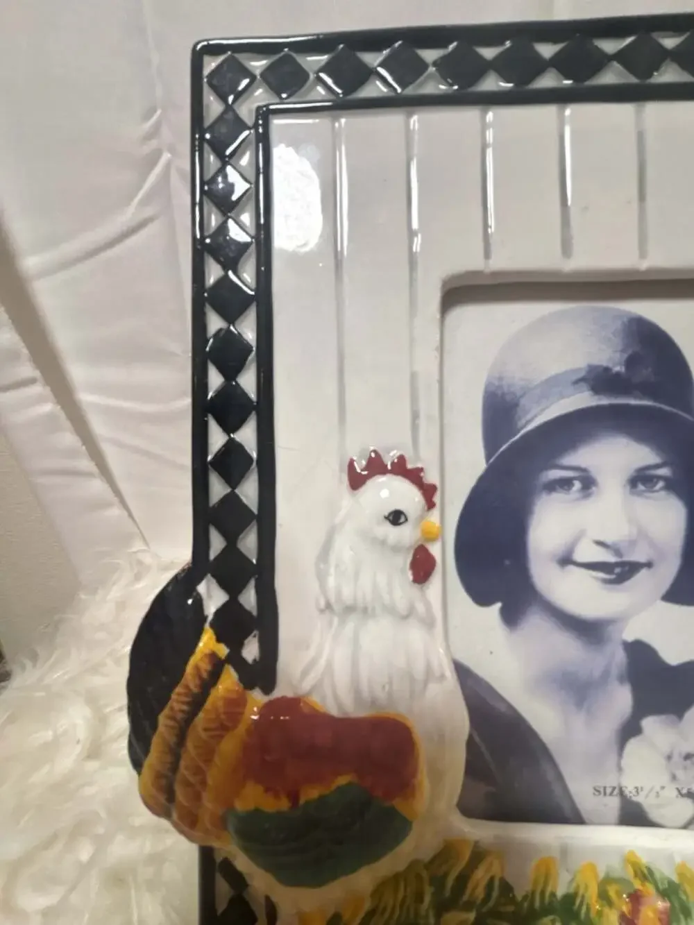 CBK Rooster Country Picture Frame Sunflowers Black Check Border Stand Up